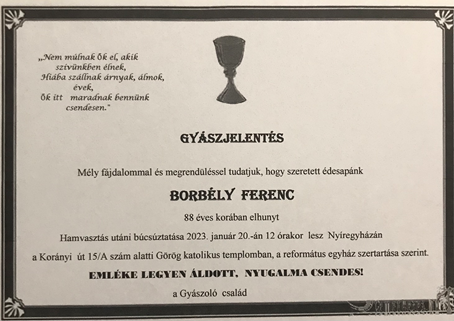 Elhunyt Borbély Ferenc